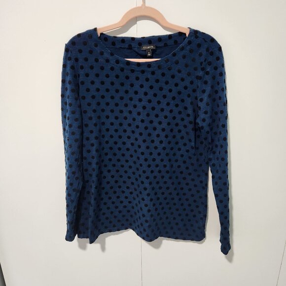 Talbots Women's Blue and Black Velvet Polka Dots Long Sleeve T-Shirt Top -Medium - Picture 1 of 3